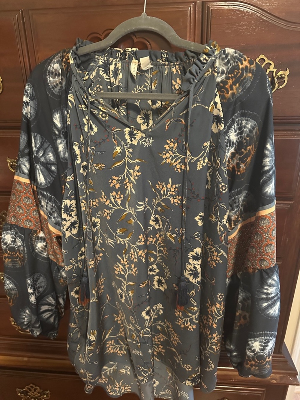 Cato Slate Blue Floral Tie-Front Peasant Tunic